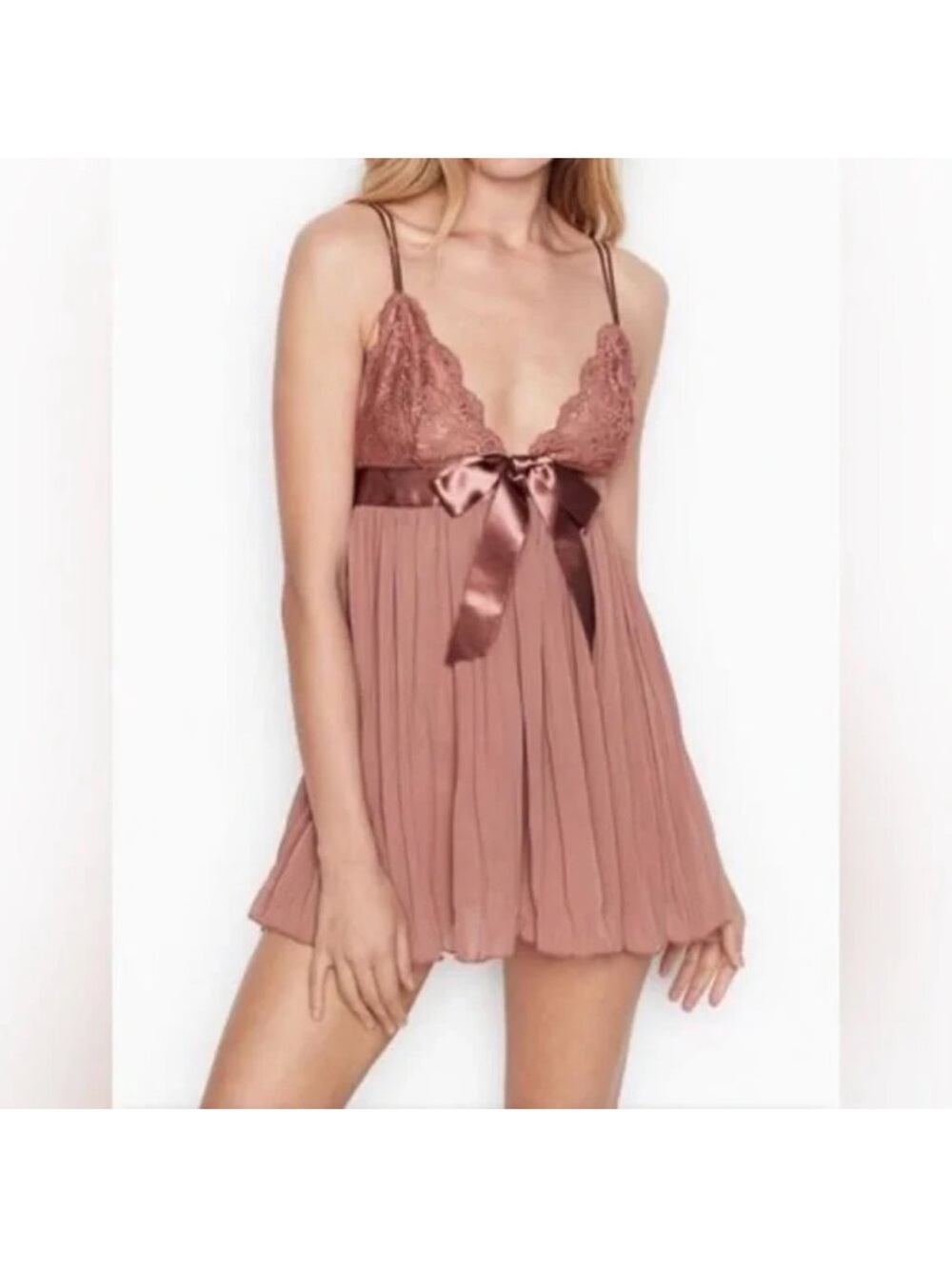 Victoria's Secret Dusty Rose Lace & Satin Bow Pleated Babydoll Chemise
